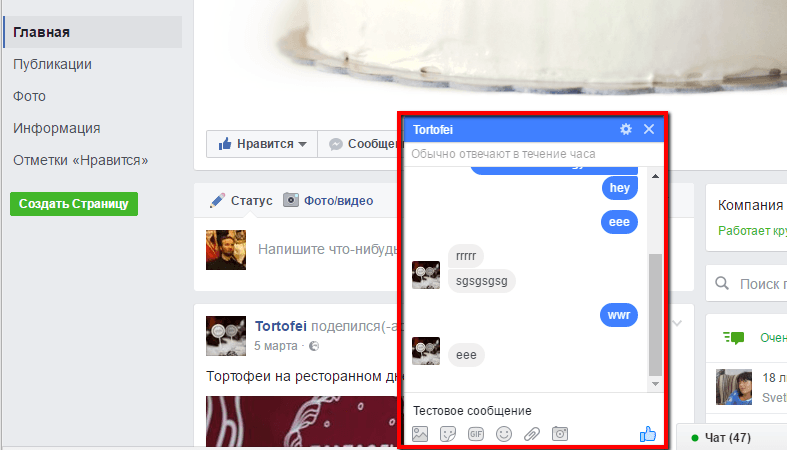 Окно чата на Странице