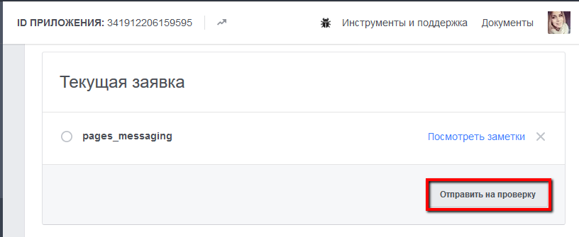 Раздел текущей заявки на интеграцию Webim-Facebook